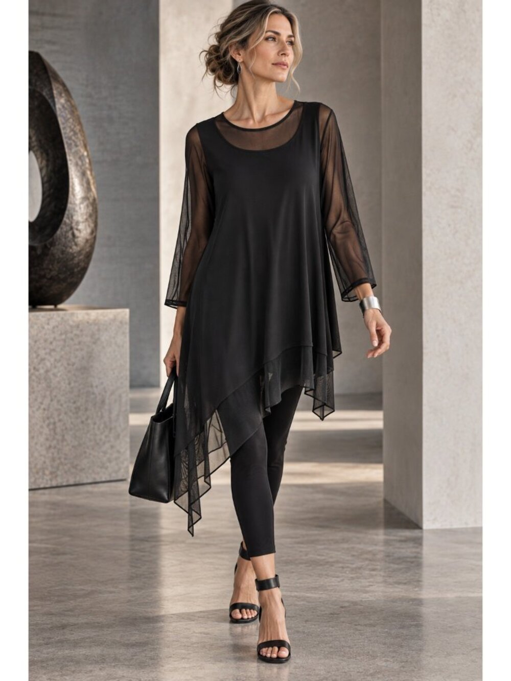 Sun Kim Black Mesh Asymmetrical Tunic Top L Lagenlook Made USA Art to Wear